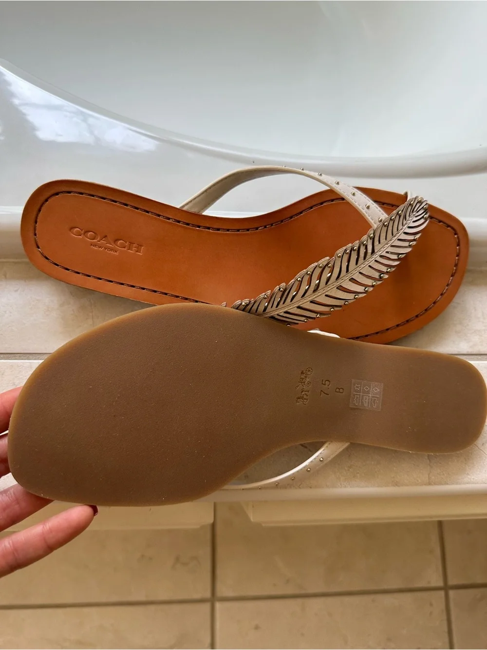 Coach Women's Metallic Feather Flip Flop Sandals - Silver & Brown